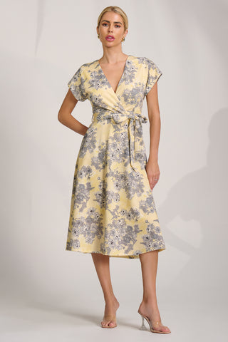 Kimono Sleeve Print Scuba Midi Dress, Yellow Floral