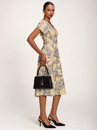 Kimono Sleeve Print Scuba Midi Dress, Yellow Floral
