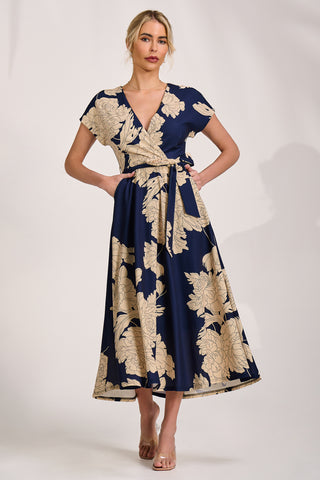 Kimono Sleeve Print Scuba Midaxi Dress, Navy Floral