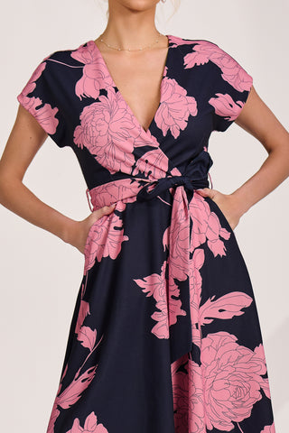 Kimono Sleeve Print Scuba Midaxi Dress, Pink Floral