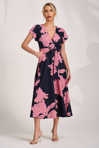 Kimono Sleeve Print Scuba Midaxi Dress, Pink Floral