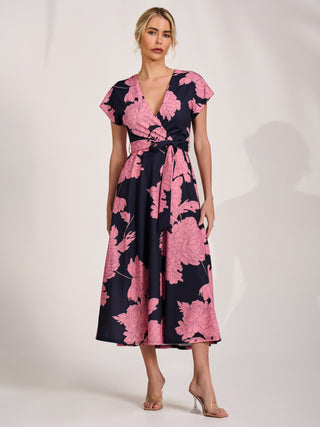 Kimono Sleeve Print Scuba Midaxi Dress, Pink Floral