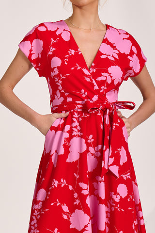 Kimono Sleeve Print Scuba Midaxi Dress, Red Floral