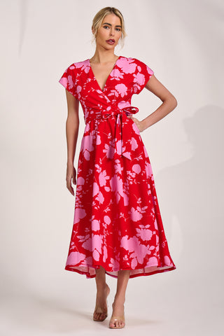 Kimono Sleeve Print Scuba Midaxi Dress, Red Floral