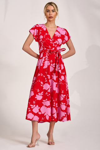 Kimono Sleeve Print Scuba Midaxi Dress, Red Floral