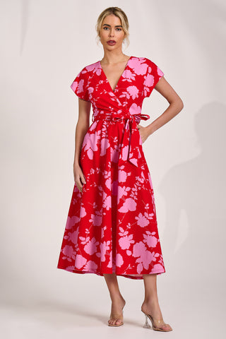 Kimono Sleeve Print Scuba Midaxi Dress, Red Floral