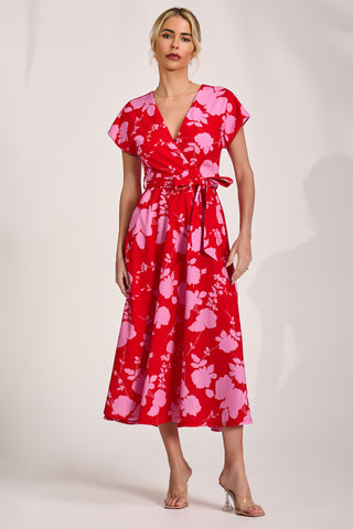 Kimono Sleeve Print Scuba Midaxi Dress, Red Floral