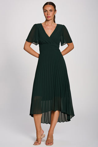 Chiffon Pleated Maxi Dress, Dark Green