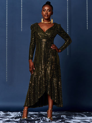 Sparkly Glitter Wrap Flare Maxi Dress, Gold