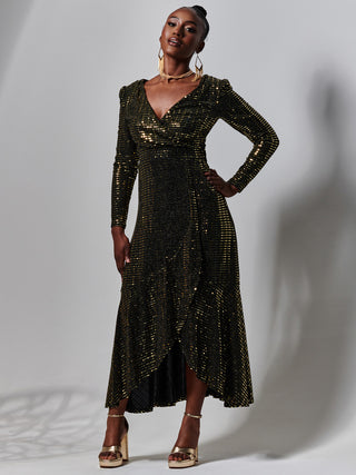 Sparkly Glitter Wrap Flare Maxi Dress, Gold Jolie Moi Retail Sparkly Glitter Wrap Flare Maxi Dress, Gold Jolie Moi Retail