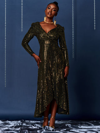 Sparkly Glitter Wrap Flare Maxi Dress, Gold Jolie Moi Retail Sparkly Glitter Wrap Flare Maxi Dress, Gold Jolie Moi Retail