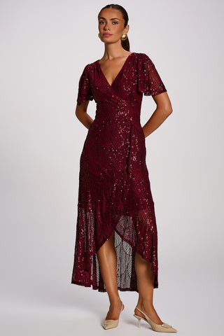 Sequin Angel Sleeve Flare Hem Maxi Dress, Burgundy