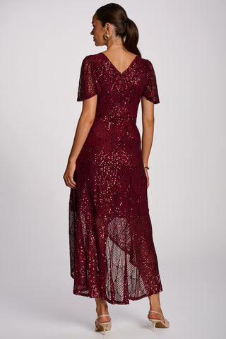 Sequin Angel Sleeve Flare Hem Maxi Dress, Burgundy
