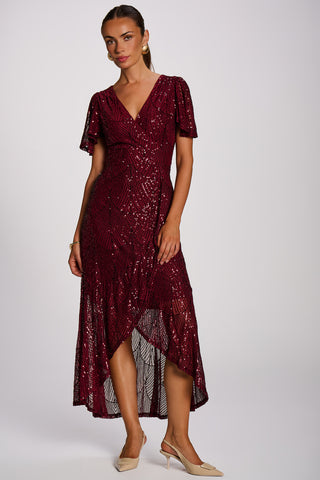 Sequin Angel Sleeve Flare Hem Maxi Dress, Burgundy