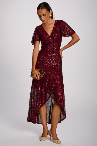 Sequin Angel Sleeve Flare Hem Maxi Dress, Burgundy