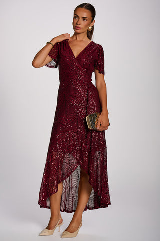 Sequin Angel Sleeve Flare Hem Maxi Dress, Burgundy