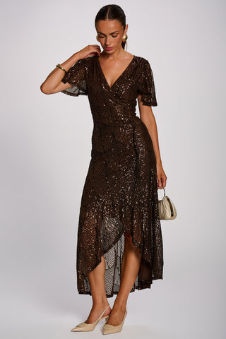 Sequin Angel Sleeve Flare Hem Maxi Dress, Chocolate Brown