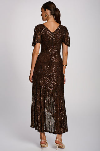 Sequin Angel Sleeve Flare Hem Maxi Dress, Chocolate Brown