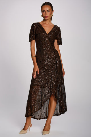 Sequin Angel Sleeve Flare Hem Maxi Dress, Chocolate Brown