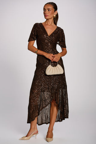 Sequin Angel Sleeve Flare Hem Maxi Dress, Chocolate Brown