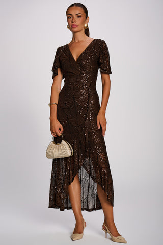 Sequin Angel Sleeve Flare Hem Maxi Dress, Chocolate Brown