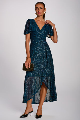 Sequin Angel Sleeve Flare Hem Maxi Dress, Deep Teal