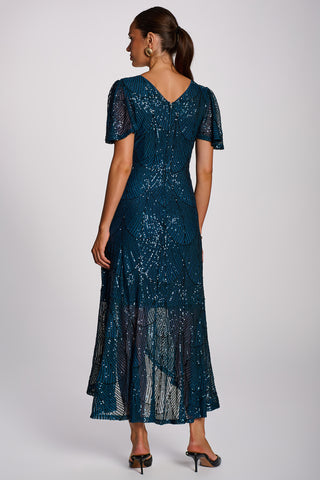 Sequin Angel Sleeve Flare Hem Maxi Dress, Deep Teal