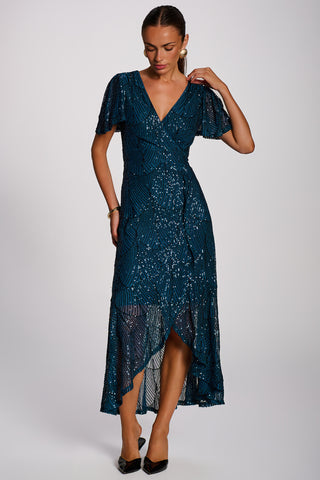 Sequin Angel Sleeve Flare Hem Maxi Dress, Deep Teal