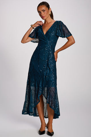 Sequin Angel Sleeve Flare Hem Maxi Dress, Deep Teal