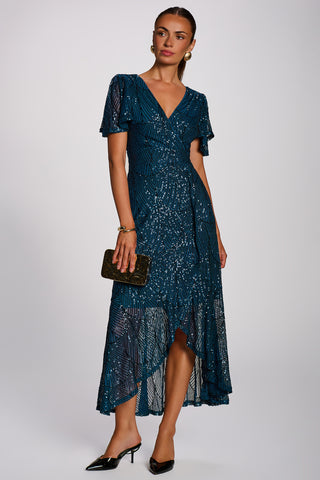 Sequin Angel Sleeve Flare Hem Maxi Dress, Deep Teal