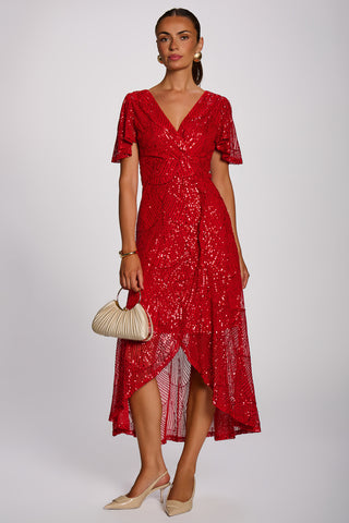 Sequin Angel Sleeve Flare Hem Maxi Dress, Scarlet Red