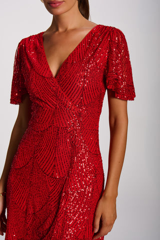 Sequin Angel Sleeve Flare Hem Maxi Dress, Scarlet Red