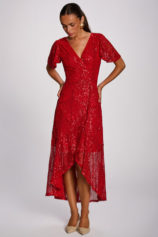 Sequin Angel Sleeve Flare Hem Maxi Dress, Scarlet Red