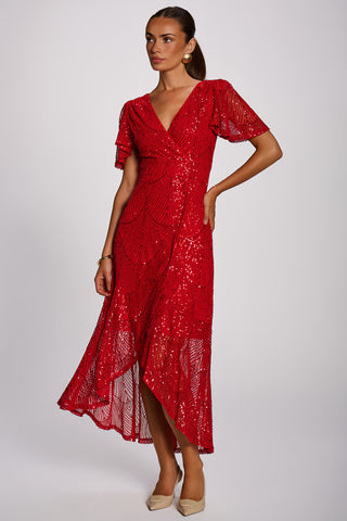 Sequin Angel Sleeve Flare Hem Maxi Dress, Scarlet Red