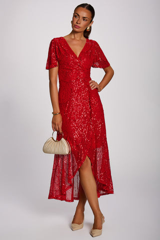 Sequin Angel Sleeve Flare Hem Maxi Dress, Scarlet Red