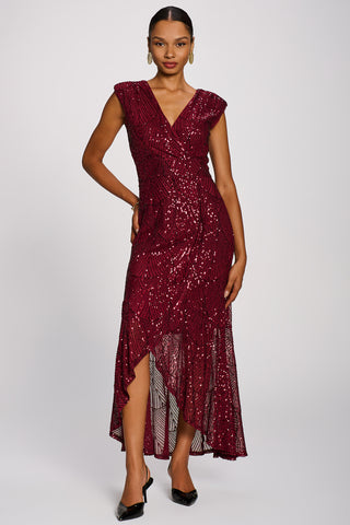 Sequin Flare Hem Maxi Dress, Burgundy