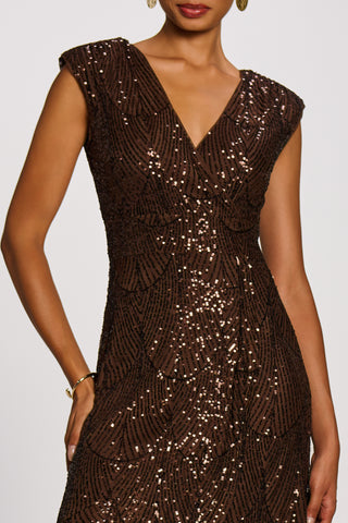 Sequin Flare Hem Maxi Dress, Chocolate Brown