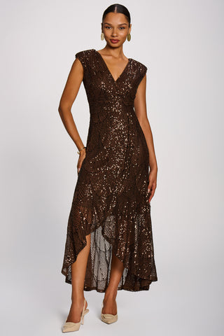 Sequin Flare Hem Maxi Dress, Chocolate Brown