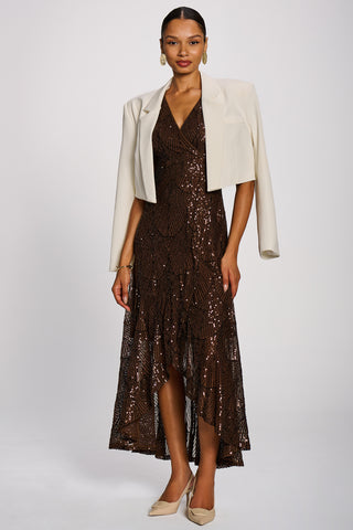 Sequin Flare Hem Maxi Dress, Chocolate Brown