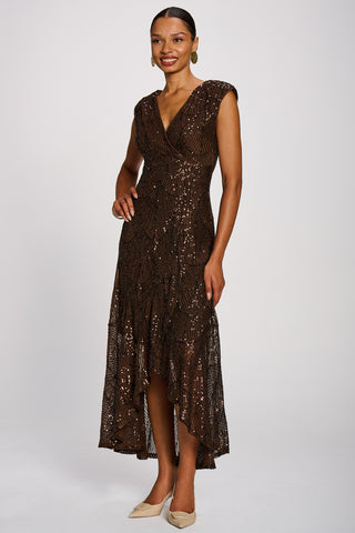 Sequin Flare Hem Maxi Dress, Chocolate Brown