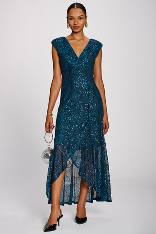 Sequin Flare Hem Maxi Dress, Deep Teal
