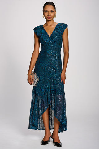 Sequin Flare Hem Maxi Dress, Deep Teal