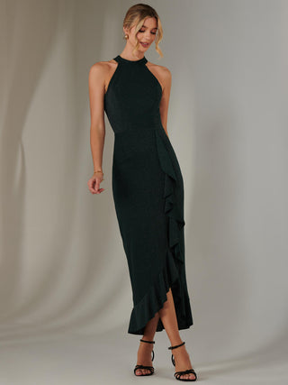 Halter Neck Frill Jersey Maxi Dress, Dark Green Jolie Moi Retail Halter Neck Frill Jersey Maxi Dress, Dark Green Jolie Moi Retail