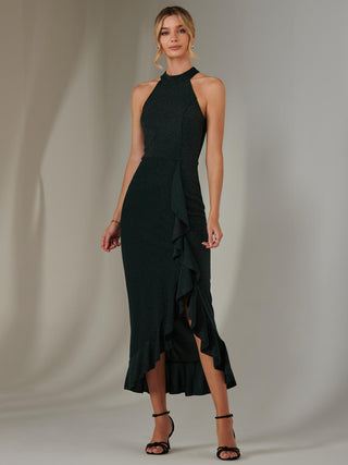 Halter Neck Frill Jersey Maxi Dress, Dark Green Jolie Moi Retail Halter Neck Frill Jersey Maxi Dress, Dark Green Jolie Moi Retail