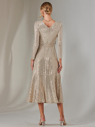 Long Sleeve Metallic Spot Maxi Dress, Beige Silver