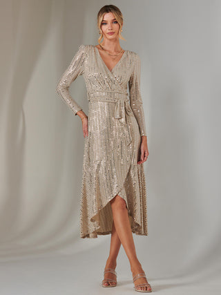 Long Sleeve Metallic Spot Maxi Dress, Beige Silver