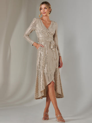 Long Sleeve Metallic Spot Maxi Dress, Beige Silver