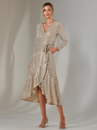 Long Sleeve Metallic Spot Maxi Dress, Beige Silver