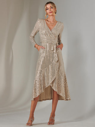 Long Sleeve Metallic Spot Maxi Dress, Beige Silver