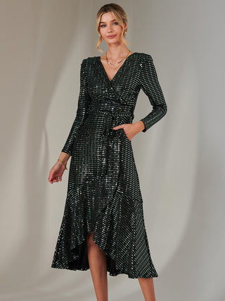 Long Sleeve Metallic Spot Maxi Dress, Black Green Jolie Moi Retail Long Sleeve Metallic Spot Maxi Dress, Black Green Jolie Moi Retail